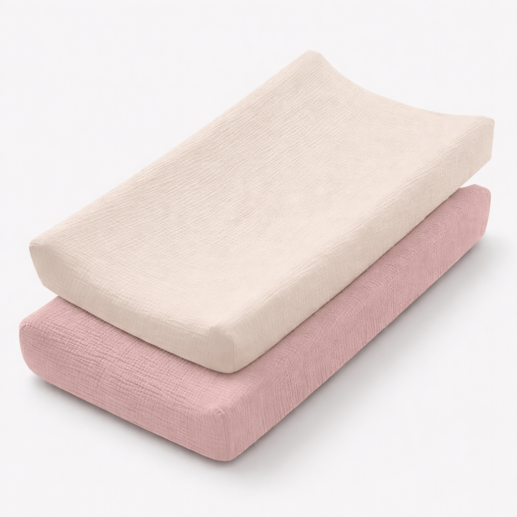 Housse matelas à langer en coton Rose poudré/ Ecru