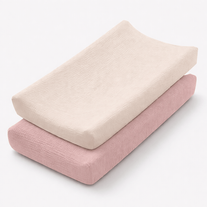 Housse matelas à langer en coton Rose poudré/ Ecru
