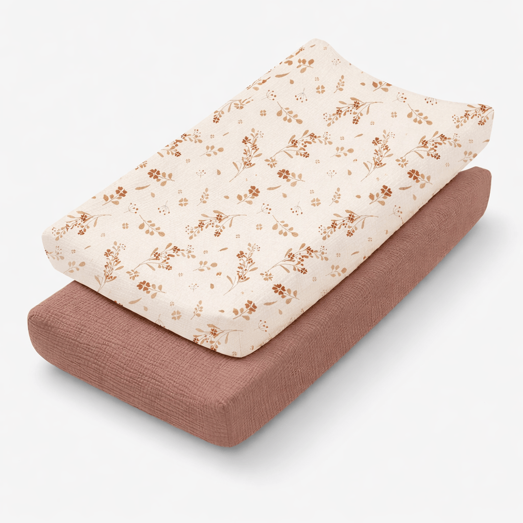 Housses de matelas à langer en mousseline de coton Marron / Ecru à fleur