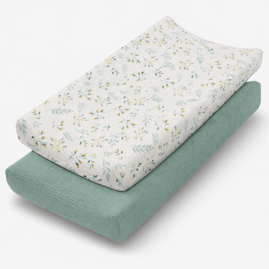 Housses de matelas à langer en mousseline de coton Vert à fleur