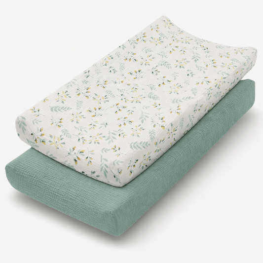 Housses de matelas à langer en mousseline de coton Vert à fleur